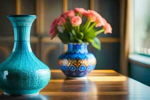 a blue vase with pink flowers sitting on a table. AI-Generated photo