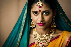 a beautiful indian woman wearing jewelry and a sari. AI-Generated photo