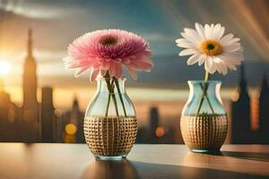 dos floreros con flores en un mesa en frente de un ciudad horizonte. generado por ai foto