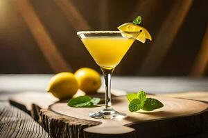 a cocktail with lemon and mint on a wooden board. AI-Generated photo