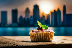 a cupcake with berries on a table in front of a city skyline. AI-Generated photo