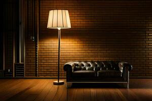 a black leather couch in front of a brick wall. AI-Generated photo