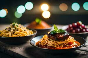 spaghetti, meatballs and meatballs in bowls on a table. AI-Generated photo