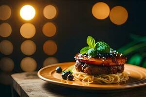a plate with a burger and spaghetti on it. AI-Generated photo