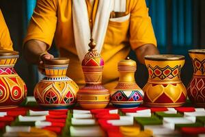 a man in an indian outfit is holding a set of colorful vases. AI-Generated photo