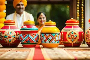 a couple in indian attire are standing in front of colorful pots. AI-Generated photo