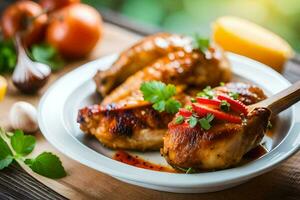 chicken wings with sauce and vegetables on a wooden table. AI-Generated photo