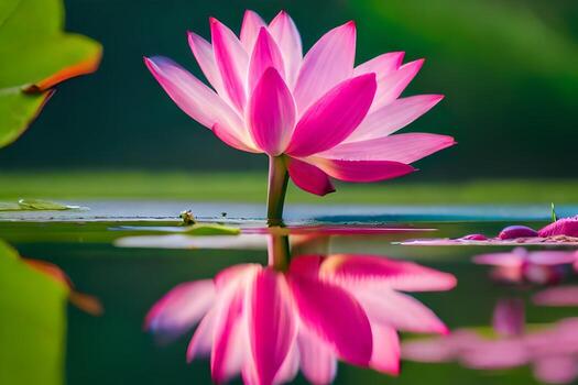 un rosado loto flor es reflejado en el agua. generado por ai foto