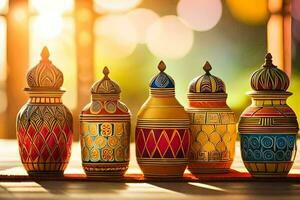 colorful wooden vases on a table. AI-Generated photo