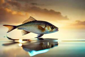 un pescado es flotante en el agua a puesta de sol. generado por ai foto