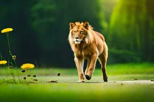 photo wallpaper the sun, flowers, grass, the forest, the lion, the lion walking,. AI-Generated