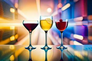 three glasses of different colored drinks on a table. AI-Generated photo