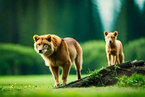 two lions standing on a log in the grass. AI-Generated photo