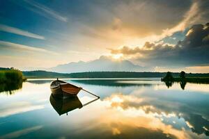 a boat is floating on the calm water with mountains in the background. AI-Generated photo