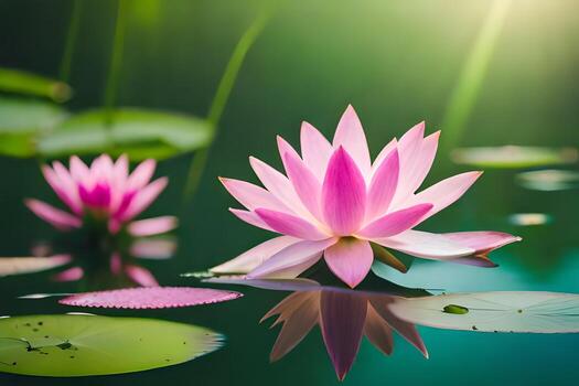 dos rosado loto flores son flotante en el agua. generado por ai foto