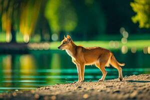 a dog standing on the shore of a lake. AI-Generated photo