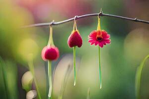 three red flowers hanging from a branch. AI-Generated photo