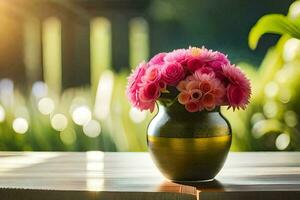 a vase of pink flowers on a table in front of a sun. AI-Generated photo