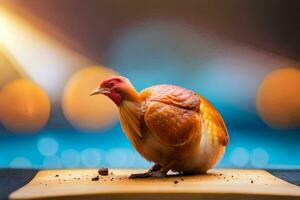 a chicken is standing on a table with a blurry background. AI-Generated photo