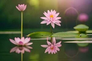 rosado loto flores en el agua con verde hojas. generado por ai foto