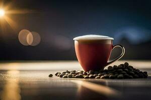 a cup of coffee is sitting on a table with beans. AI-Generated photo
