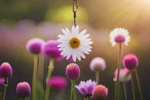 a daisy hanging from a chain in a field. AI-Generated photo