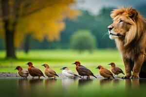un león en pie en frente de un grupo de aves. generado por ai foto