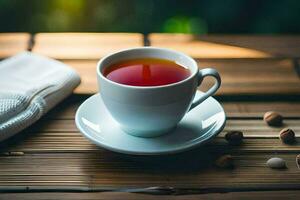 a cup of tea on a wooden table. AI-Generated photo