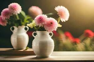 two white vases with pink flowers on a table. AI-Generated photo