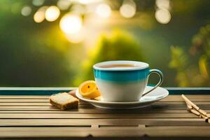 un taza de té y un rebanada de un pan en un de madera mesa. generado por ai foto