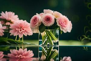 pink flowers in a vase with a reflection of the flowers. AI-Generated photo