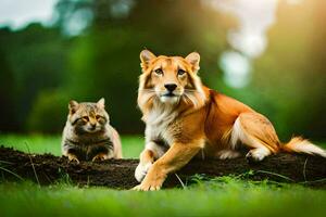 a cat and dog sitting on a log in the grass. AI-Generated photo