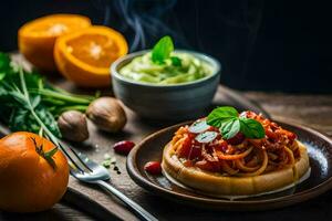 spaghetti with tomato sauce and vegetables on a plate. AI-Generated photo