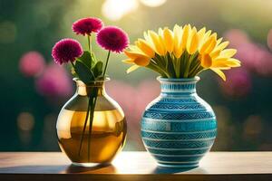 two vases with flowers on a table. AI-Generated photo