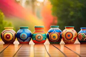 colorful vases on a wooden table. AI-Generated photo