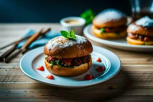 two hamburgers on white plates with a fork and knife. AI-Generated photo
