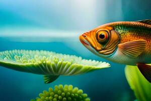 un pescado es mirando a un planta en el agua. generado por ai foto
