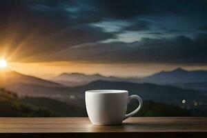 coffee cup on the table with mountains in the background. AI-Generated photo