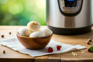 eggs in a bowl next to an instant pot. AI-Generated photo