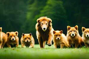 un grupo de perros corriendo juntos en el césped. generado por ai foto