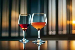 two glasses of wine on a table in front of a window. AI-Generated photo