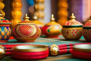 many colorful pots and bowls are on display. AI-Generated photo