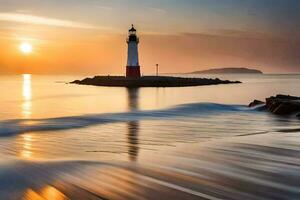 a lighthouse stands on the shore of a body of water. AI-Generated photo