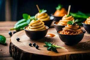 small bowls of food with toppings on a wooden table. AI-Generated photo