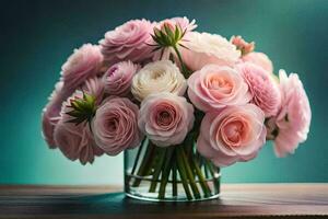 pink roses in a vase on a table. AI-Generated photo