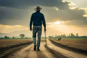 a man walking on a dirt road with a cane. AI-Generated photo