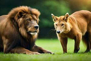 un león y un perro son en pie en el césped. generado por ai foto