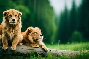 two lions sitting on a log in the grass. AI-Generated photo