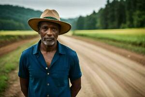 a man in a hat standing on a dirt road. AI-Generated photo