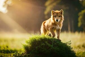 un perro en pie en parte superior de un herboso colina. generado por ai foto